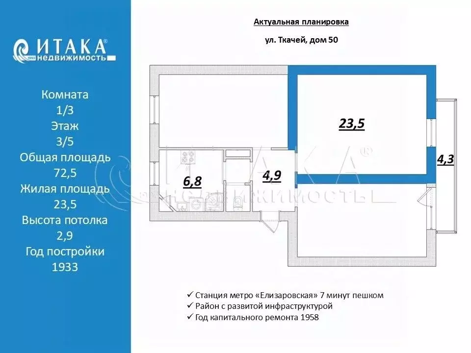 Комната Санкт-Петербург ул. Ткачей, 50 (24.0 м) - Фото 2