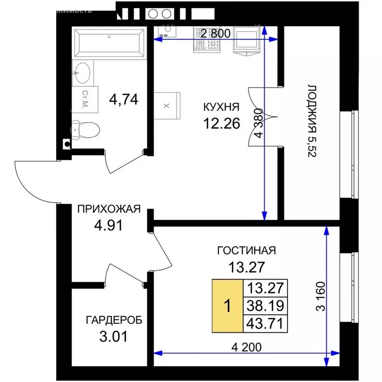 1-комнатная квартира: Гурьевск, жилой комплекс Включи (43.71 м) - Фото 0