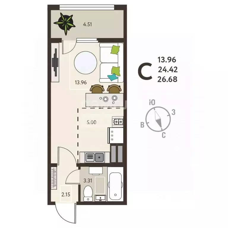Студия Курская область, Курск ул. Энгельса, 115А/3 (26.68 м) - Фото 1
