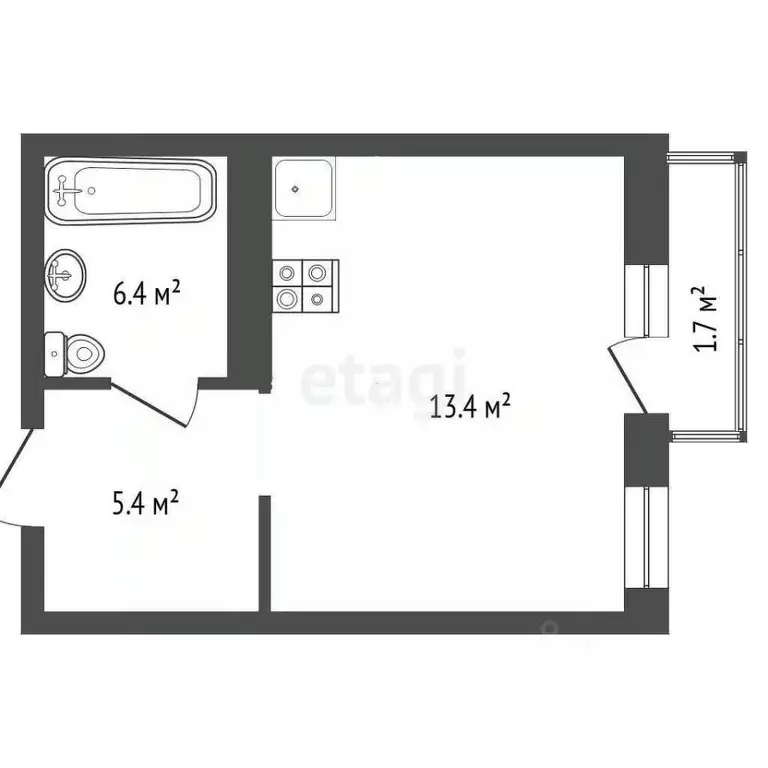 Студия Тюменская область, Тюмень ул. Газовиков, 44 (29.1 м) - Фото 2