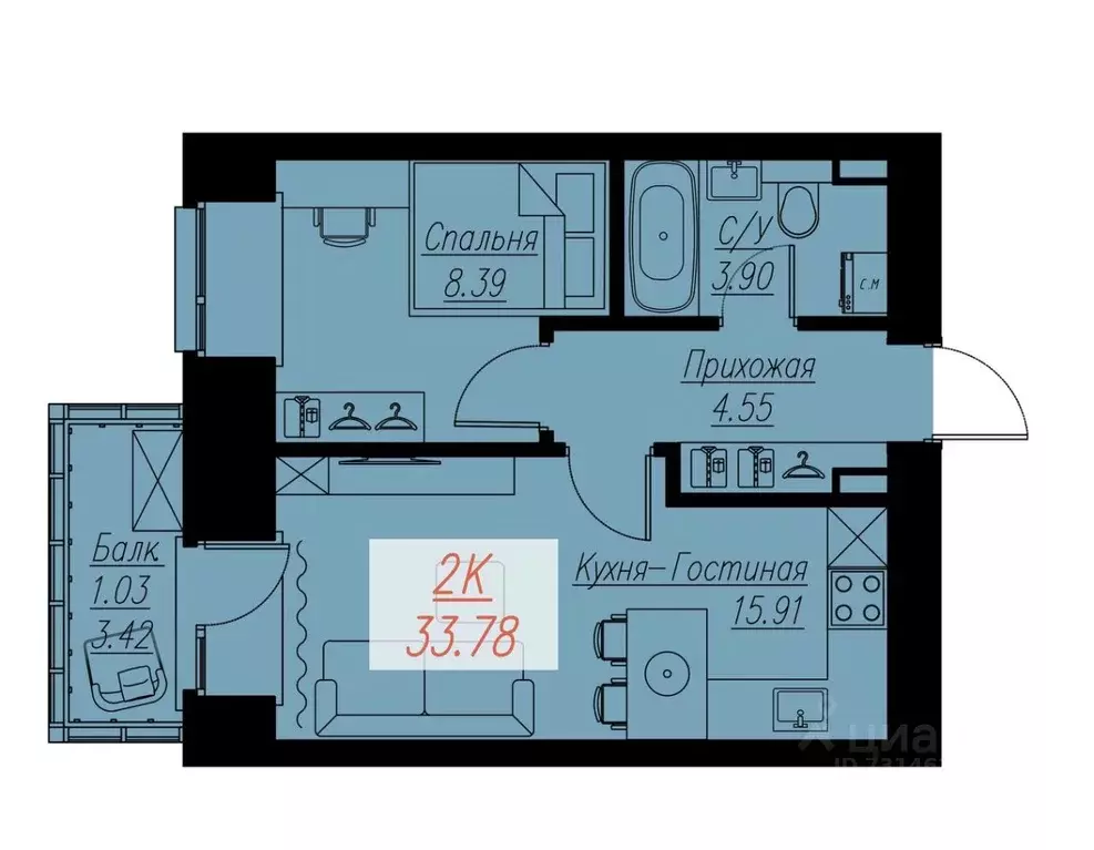 2-к кв. Красноярский край, Красноярск Семафорная ул., 441а (33.78 м) - Фото 0