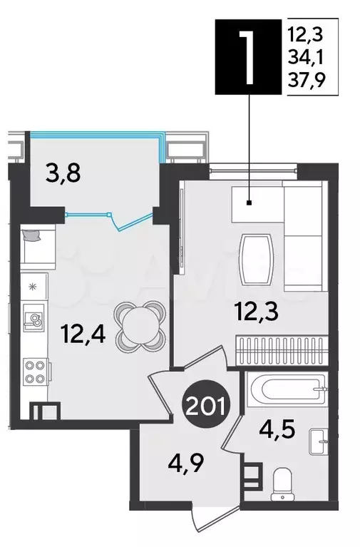 1-к. квартира, 37,9 м, 7/9 эт. - Фото 1