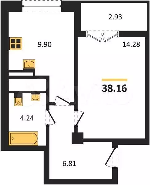 1-к. квартира, 38,2 м, 6/9 эт. - Фото 1