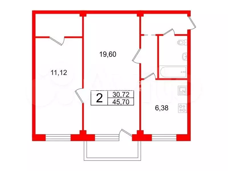 2-к. квартира, 45,7 м, 3/5 эт. - Фото 0