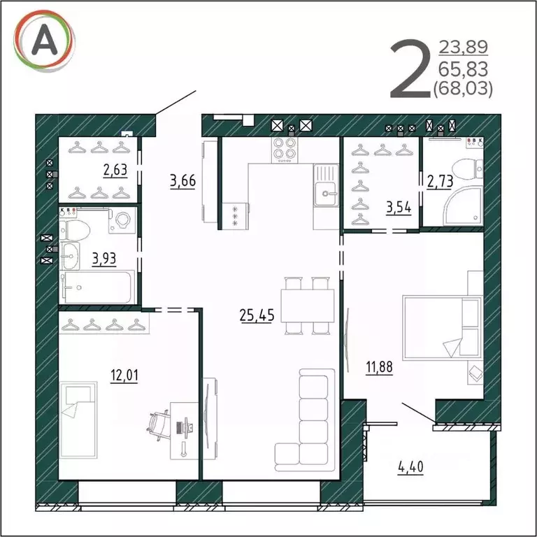 2-к кв. Брянская область, Брянск ул. Ульянова (68.03 м) - Фото 0