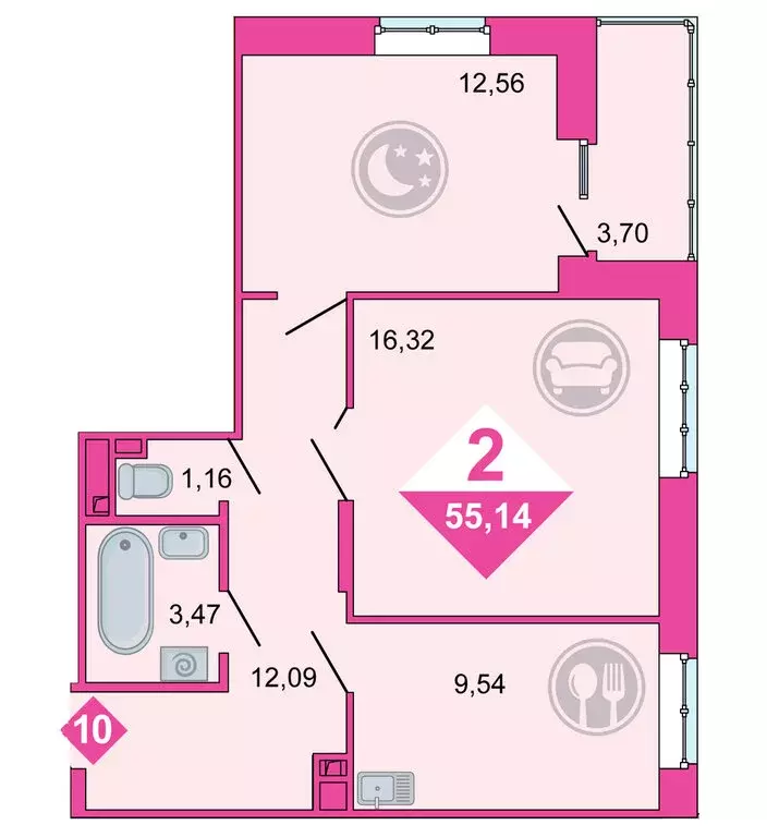 2-комнатная квартира: Тюмень, улица Раушана Абдуллина, 6к1 (54.7 м) - Фото 2