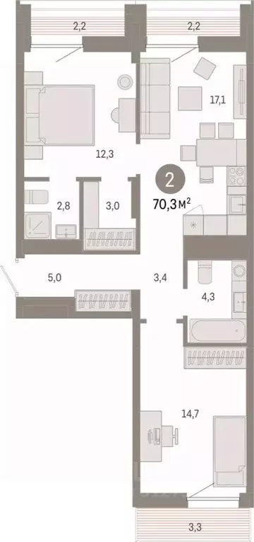 2-к кв. Тюменская область, Тюмень ул. Республики, 203к1 (70.33 м) - Фото 0