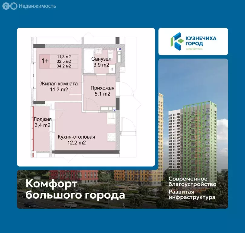 1-комнатная квартира: Нижний Новгород, ЖК Кузнечиха Город (34.2 м) - Фото 0