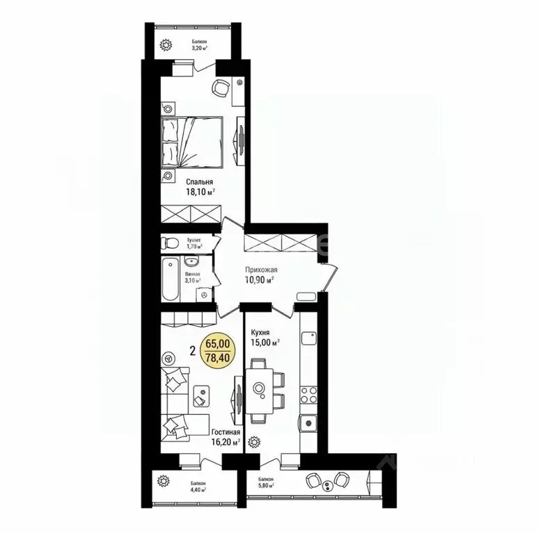 2-к кв. Марий Эл, Йошкар-Ола ул. Зарубина, 12 (78.4 м) - Фото 1