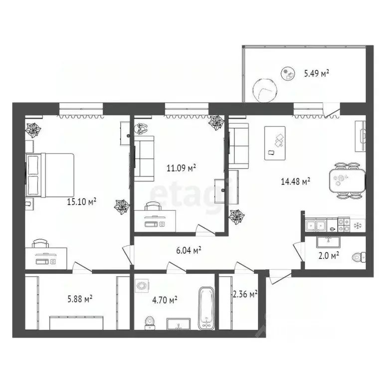 2-к кв. Тюменская область, Тюмень Широтная ул., 209к1 (64.6 м) - Фото 2