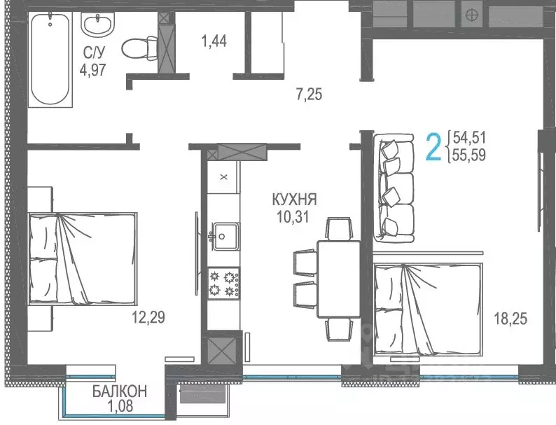 2-к кв. Крым, Симферопольский район, Гвардейское пгт, Республика жилой ... - Фото 1
