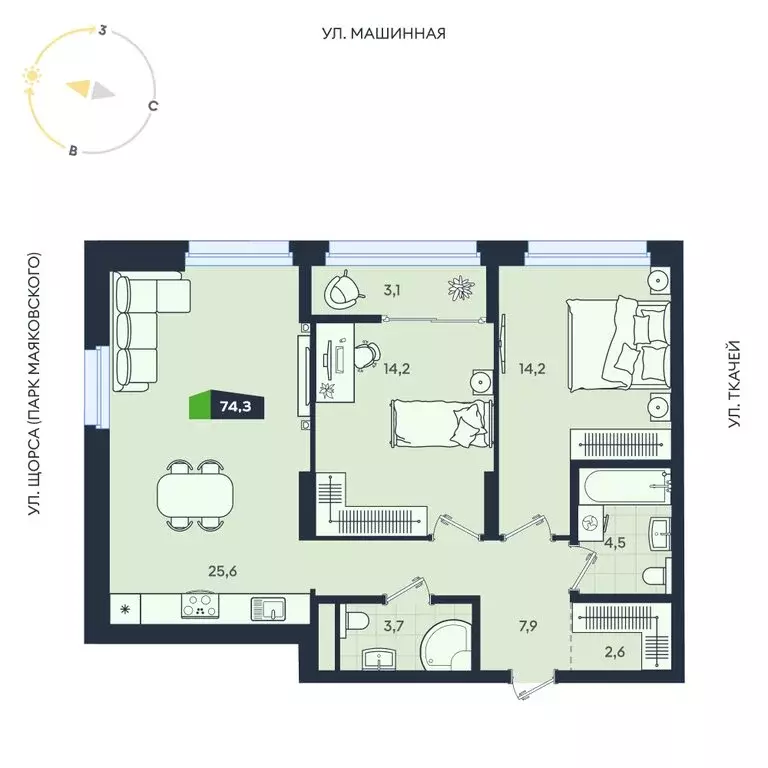 3-комнатная квартира: Екатеринбург, Машинная улица, 1В/2 (74.3 м) - Фото 1