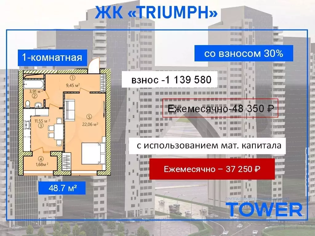 1-к. квартира, 48,7 м, 5/29 эт. - Фото 0