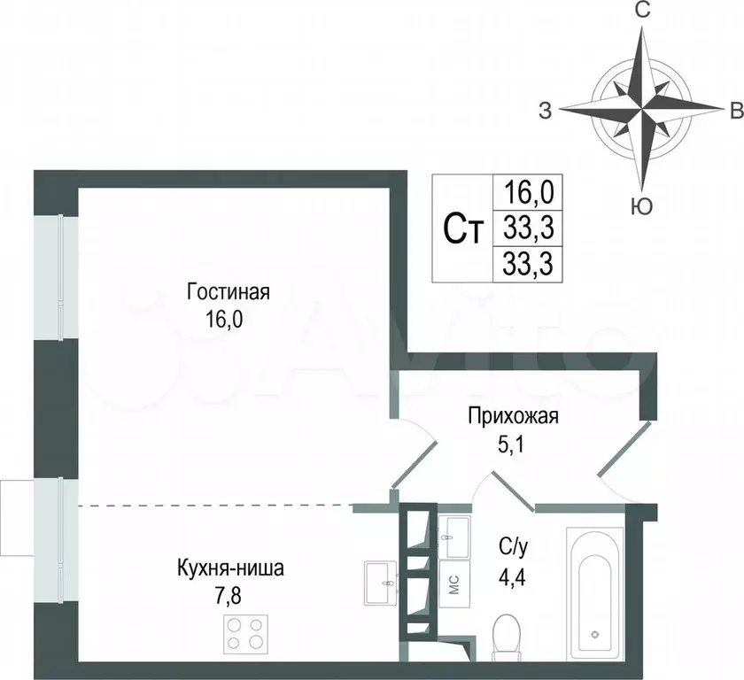 Квартира-студия, 33,3 м, 2/8 эт. - Фото 0