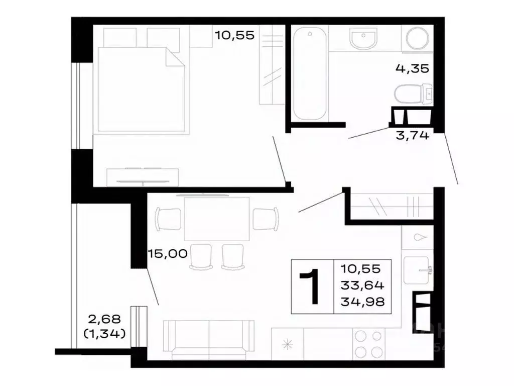 1-к кв. Адыгея, Майкоп  (34.98 м) - Фото 1