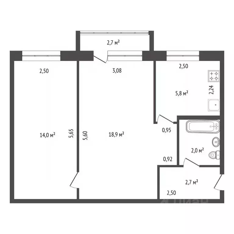 2-к кв. Башкортостан, Уфа Кремлевская ул., 55 (44.2 м) - Фото 1
