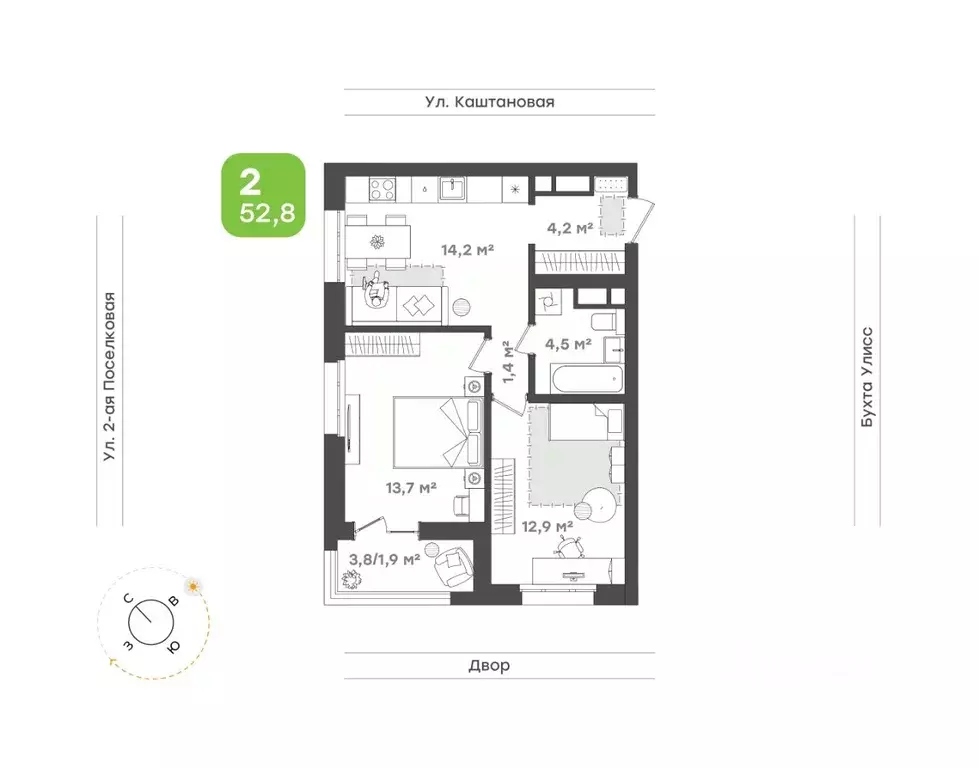 2-к кв. Приморский край, Владивосток ул. 3-я Поселковая, 16/1 (52.8 м) - Фото 1