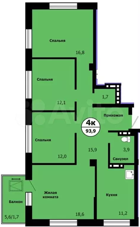 4-к. квартира, 93,9 м, 9/19 эт. - Фото 0