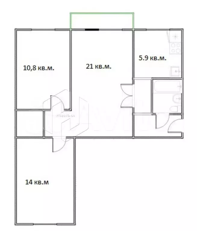 3-к. квартира, 57 м, 4/4 эт. - Фото 0