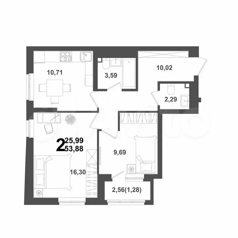 2-к. квартира, 53,6 м, 9/12 эт. - Фото 1