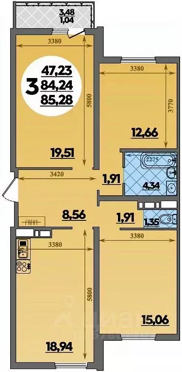 3-к кв. Адыгея, Майкоп  (85.28 м) - Фото 1