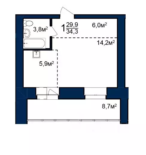 Студия Амурская область, Благовещенск 224-й кв-л,  (34.3 м) - Фото 0