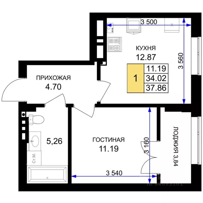 1-к кв. Калининградская область, Гурьевск Включи жилой комплекс (37.86 ... - Фото 0