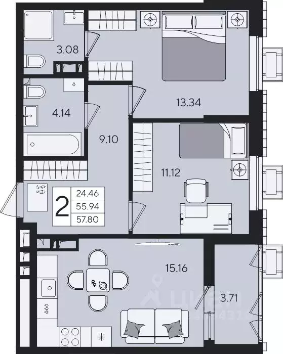 2-к кв. Краснодарский край, Краснодар  (57.8 м) - Фото 2