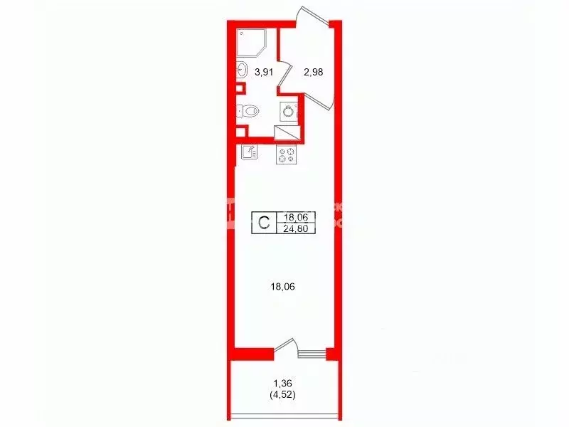 Студия Санкт-Петербург просп. Ветеранов, 171к2 (24.8 м) - Фото 2
