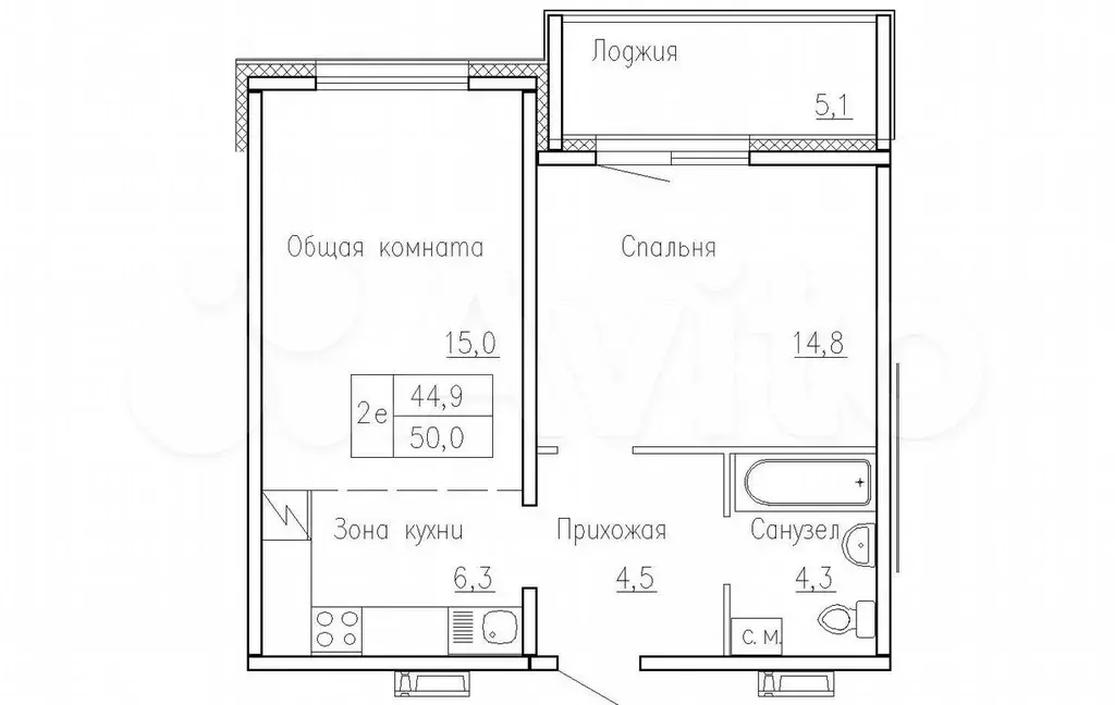 2-к. квартира, 50 м, 1/10 эт. - Фото 0