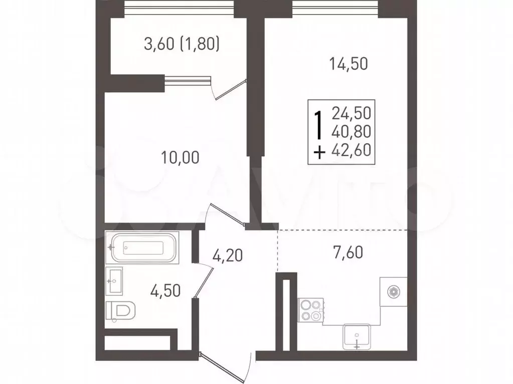 1-к. квартира, 42,6 м, 3/8 эт. - Фото 0