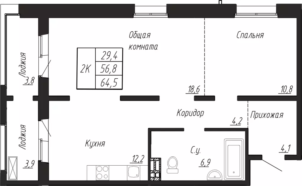 2-к квартира, 64.5 м - Фото 0
