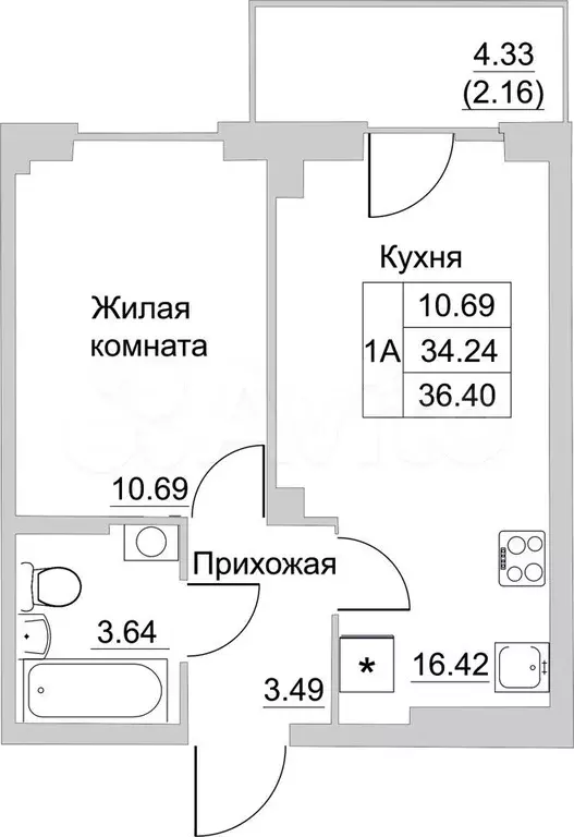 1-к. квартира, 36,4 м, 7/10 эт. - Фото 0