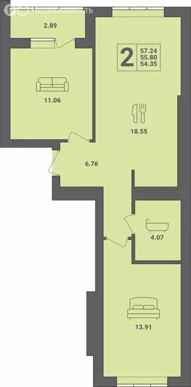 2-комнатная квартира: Пионерский, улица Гептнера, 9к1 (57.24 м) - Фото 0
