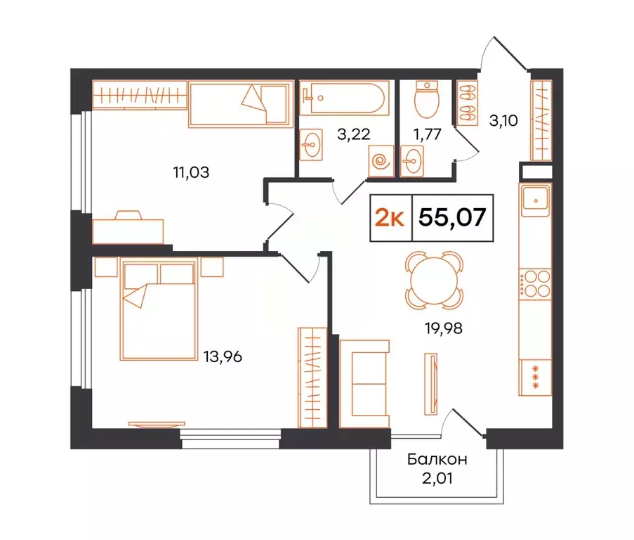 2-к кв. Тюменская область, Тюмень Полевая ул., 117к12 (55.07 м) - Фото 1