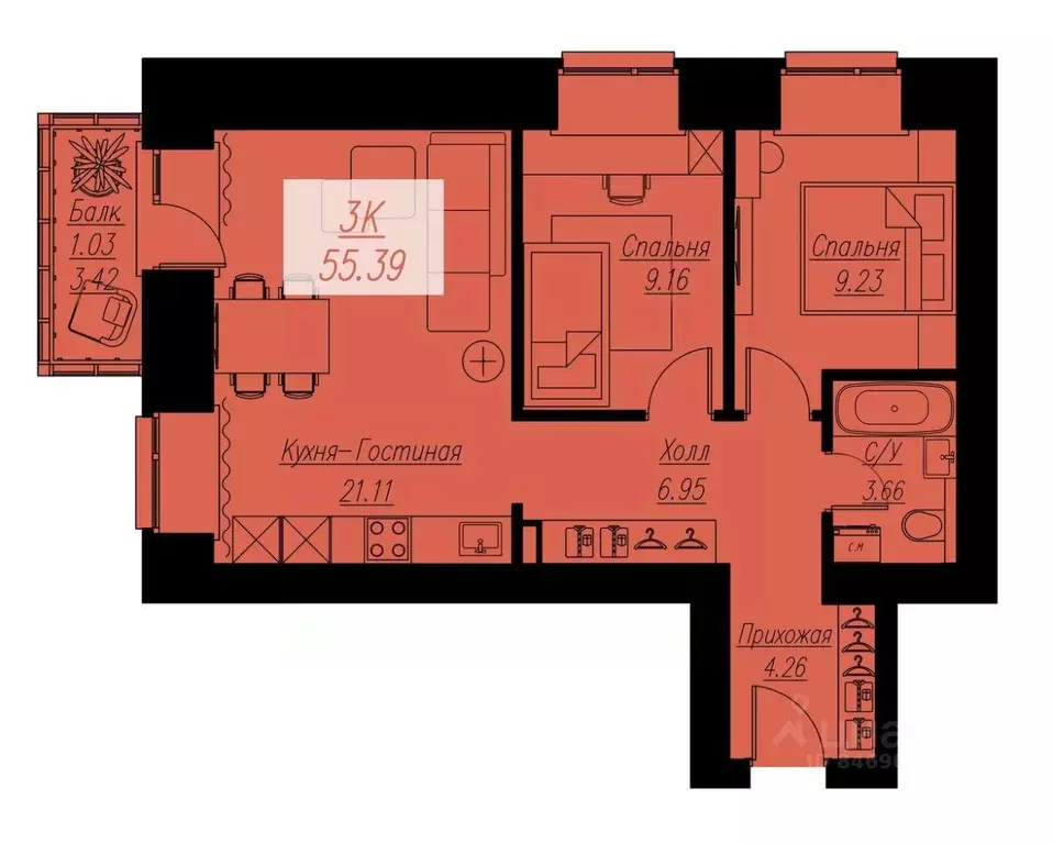 2-к кв. Красноярский край, Красноярск Семафорная ул., 441а (55.29 м) - Фото 0