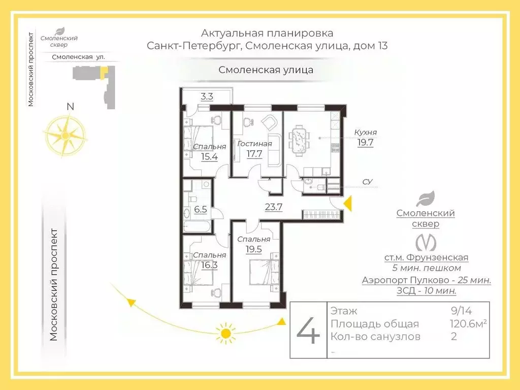 4-к кв. Санкт-Петербург Смоленская ул., 13 (120.6 м) - Фото 2