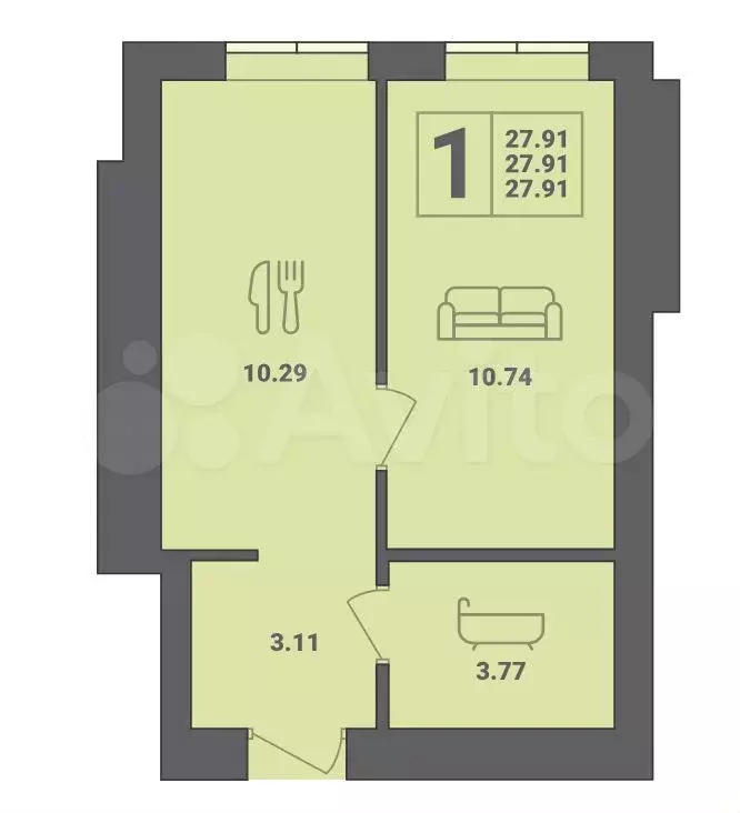 1-к. квартира, 27,9м, 1/6эт. - Фото 1