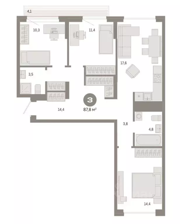 Квартира, 3 комнаты, 87.75 м - Фото 0