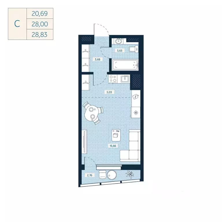 Студия Санкт-Петербург ул. Седова, 89К3 (28.0 м) - Фото 0