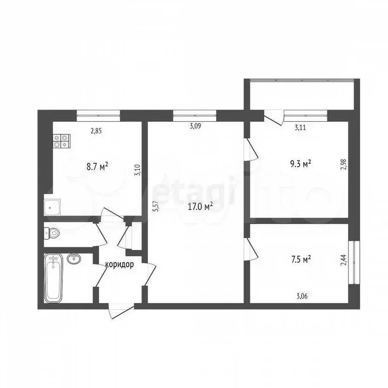 3-к. квартира, 50,8 м, 4/9 эт. - Фото 0