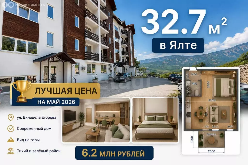 Квартира-студия: Массандра, улица Винодела Егорова, 115 (34 м) - Фото 1