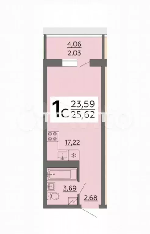1-к. квартира, 25,6 м, 5/17 эт. - Фото 0