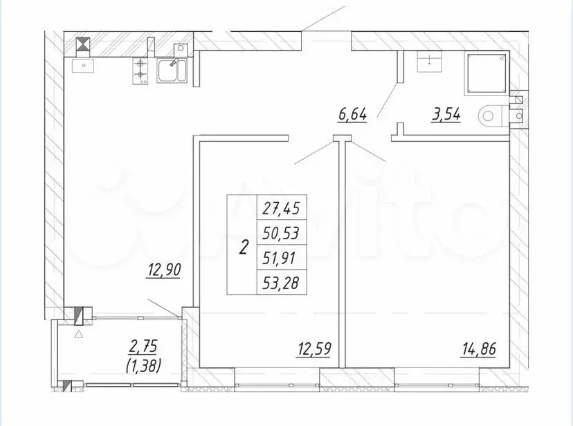 2-к. квартира, 53 м, 3/4 эт. - Фото 1