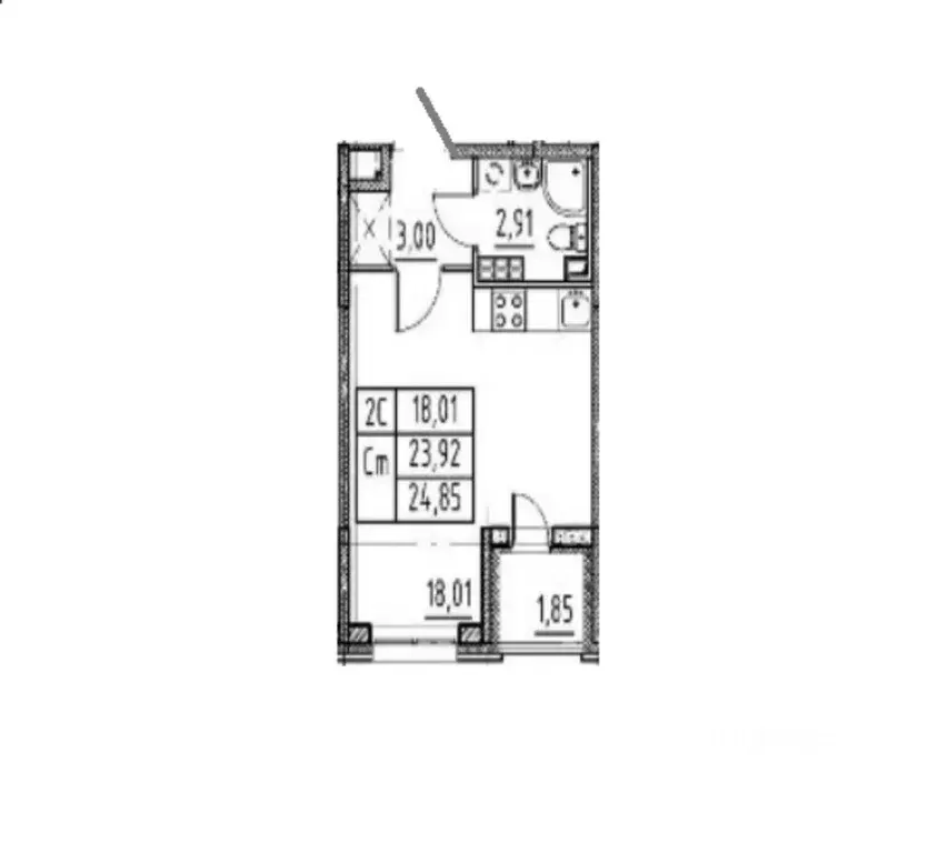 Студия Санкт-Петербург Пулковское ш., 109к4 (23.92 м) - Фото 1