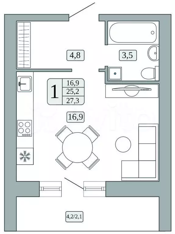 Квартира-студия, 25,2 м, 7/9 эт. - Фото 0