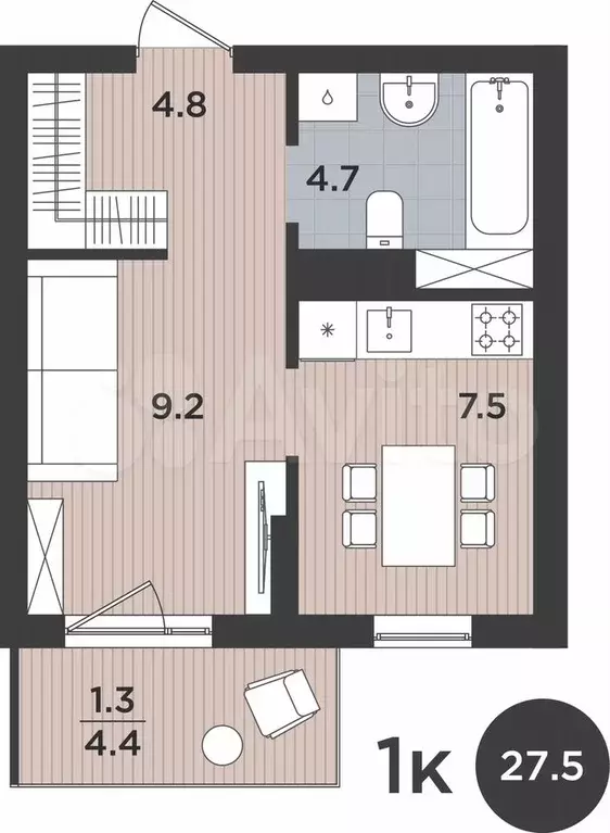 1-к. квартира, 27,5 м, 9/9 эт. - Фото 1