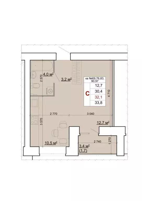 Квартира-студия: Кострома, Центральный район (33.8 м) - Фото 1