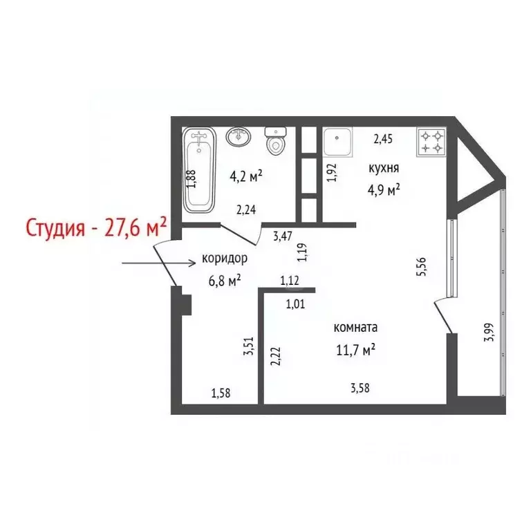 Студия Свердловская область, Екатеринбург ул. 8 Марта, 204Г (27.6 м) - Фото 2