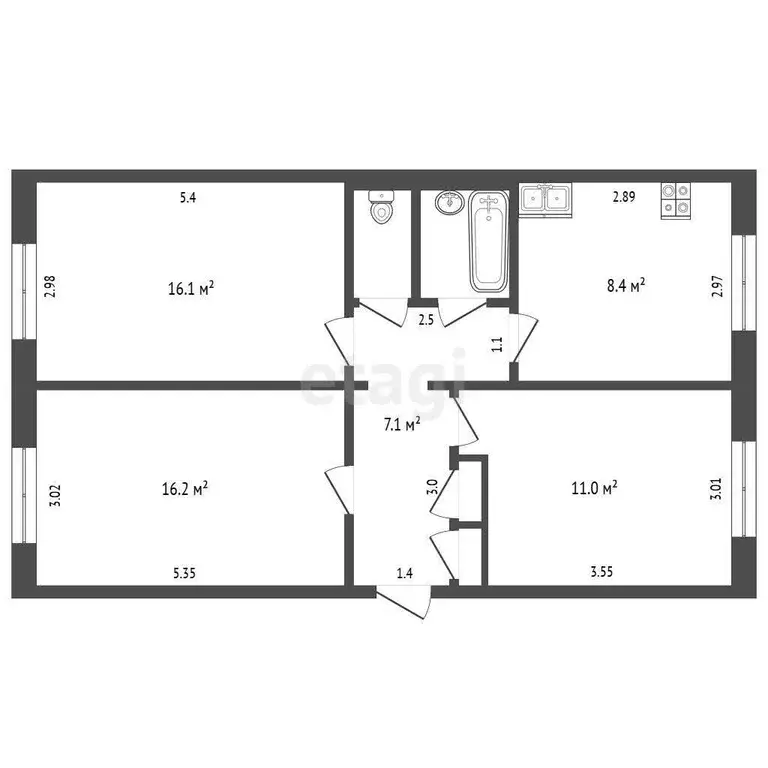 Квартира, 3 комнаты, 63.3 м - Фото 1